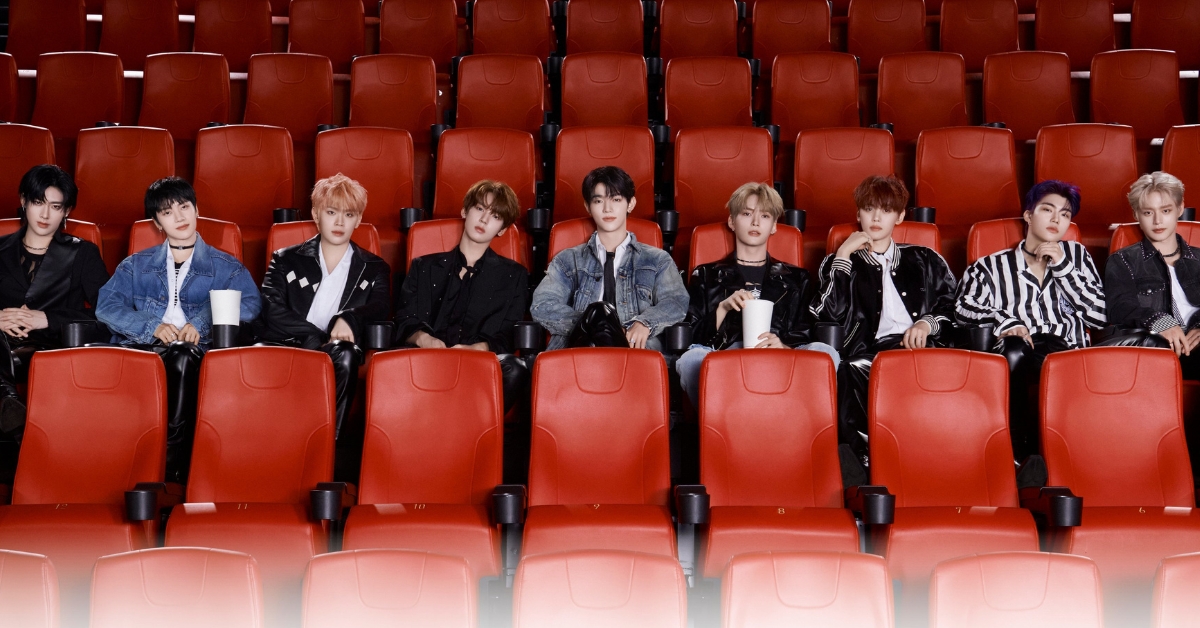 ZEROBASEONE sitting in a movie theater, comeback poster for "CINEMA PARADISE"
