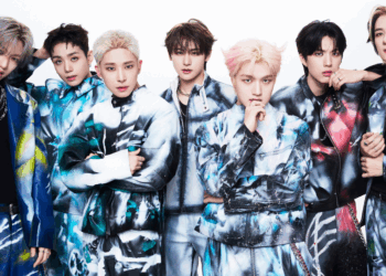 members of boy group TRENDZ look coolly at the camera